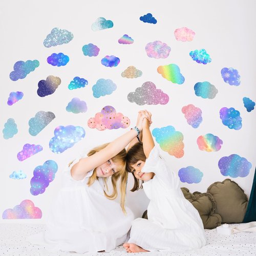 Glow in The Dark Colorful Clouds Wall Stickers, Holographic Rainbow Cloud Wall Stickers for Kids Bedroom, Colorful Glitter Vinyl Clouds Decals, Living Room Nursery Playroom Room Home Decor