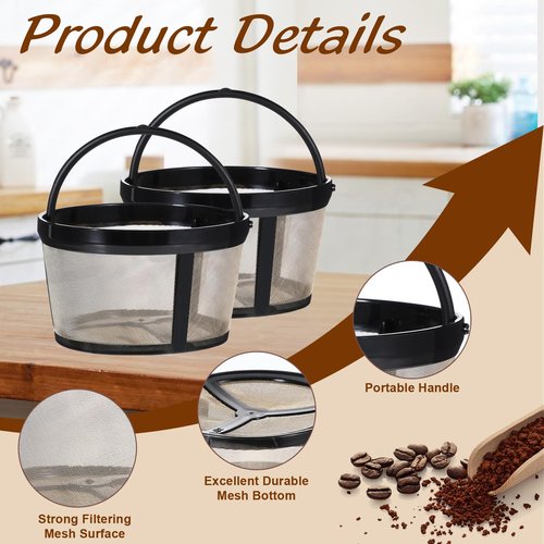 Clofiak 2Pcs Reusable Coffee Filters, 4-5 Cup Nylon Mesh Coffee Filter Basket with Handle Reusable Coffee Pot Filters Compatible with Makers and Brewers