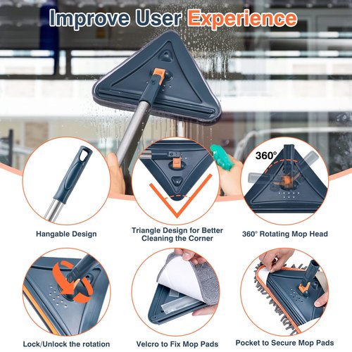 85 Inch Wall Cleaner with Long Handle, 360° Rotatable Wall Mop, Wall Washer Cleaner Tool for Walls/Ceiling Fans/Dust/Baseboard/Floors Clean, 6 Replacement Pads and 3 Silicon Squeegee Scraper Strips