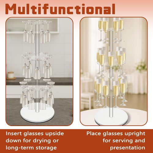 Verssure Champagne Tower with Marble Base,23 Slots Champagne Display Rack Designed for Serving and Drying,3-Tier Cocktail Tree Stand for Drinks,Round Champagne Holder for Wedding and Party (White)