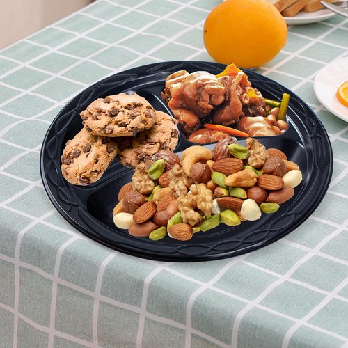 EKOSAVOR Plastic Plates 10" 150 Pack - Shrink Wrapped BPA Free Mineral Filled PP | Microwave & Dishwasher Safe | Heavy Duty Non permeable Party Plate | Black Commercial 3 Compartment Disposable Trays