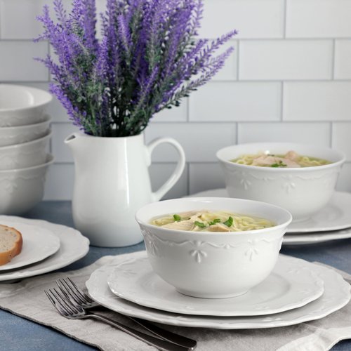 Elama Henryi 18 Piece Embossed Rim Detail Porcelain White Dinnerware Set, Tableware Set, Serveware (18 Piece)