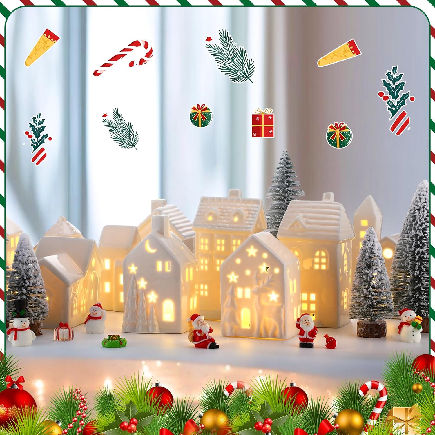 Vinsot 34-Pc LED Ceramic Christmas Village Set - Light-Up Houses, Snowmen & Trees | Festive Tabletop Decor