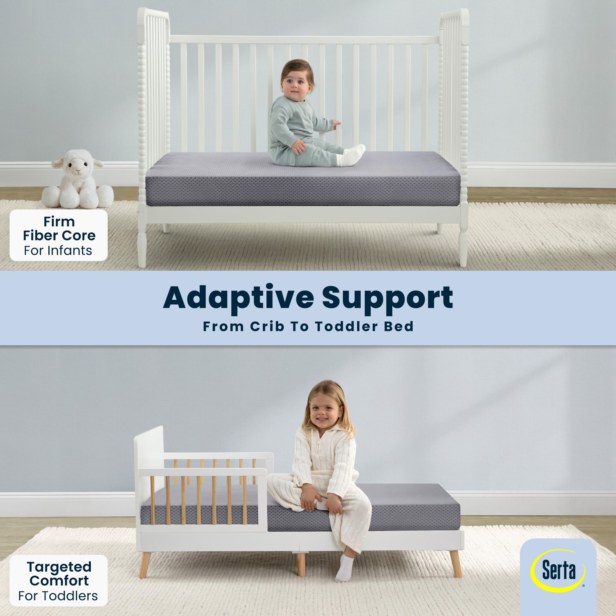 Serta Perfect Start Breathable Limited Two -Stage Crib Mattress and Toddler Mattress - Breathable Cover and Fiber Core, Machine Washable Cover, Waterproof, 7 Year Warranty, Made in USA