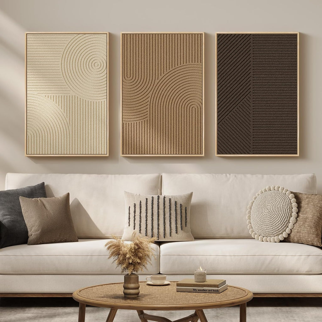 Skiennix 3D Textured Framed Boho Wall Art - Modern Minimalist Abstract Paintings | 3-Piece Set, 16x24 In