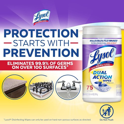 Lysol Dual Action Disinfectant Wipes - Multi-Surface Antibacterial Cleaning Wipes, Citrus Scent, 75 Count