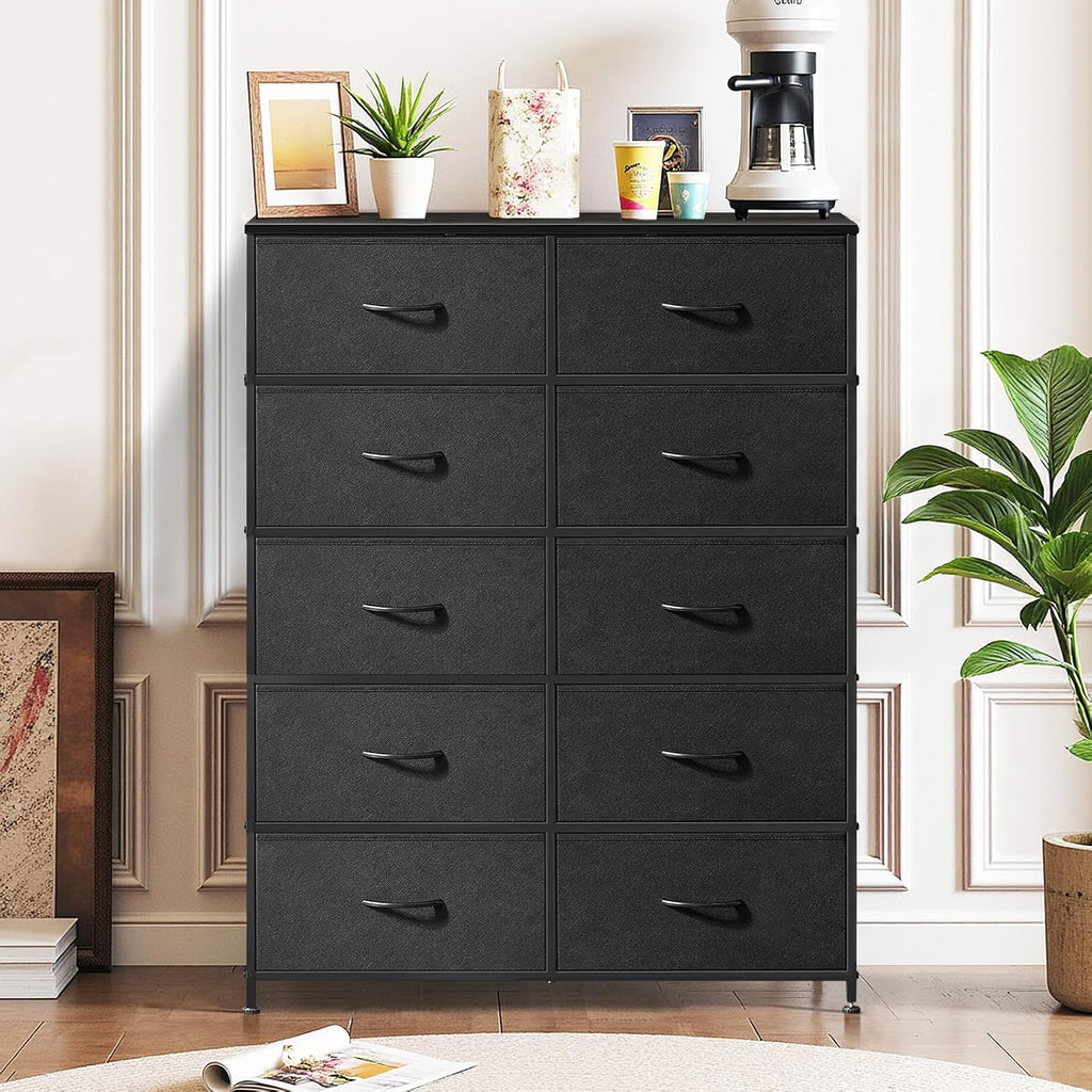 Regine Switzerland 10-Drawer Dresser - Anti-Tip Tall Storage Organizer with Wooden Top & Metal Frame | Black