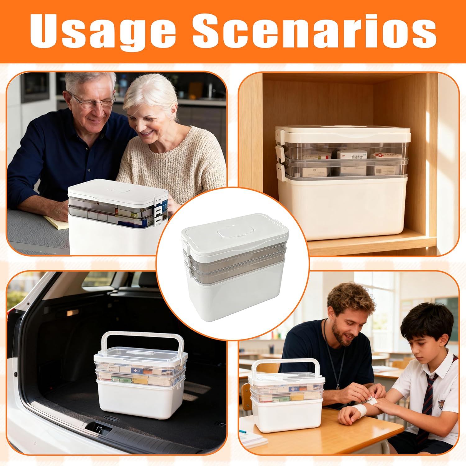 Skiennix 3-Tier Medicine Organizer - Portable First Aid Kit with Detachable Pill Box | White