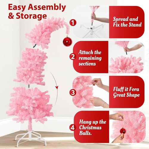 Hatisan 5FT Pink Christmas Tree - Artificial Design with Ball Ornaments & Metal Base for Holiday Decor