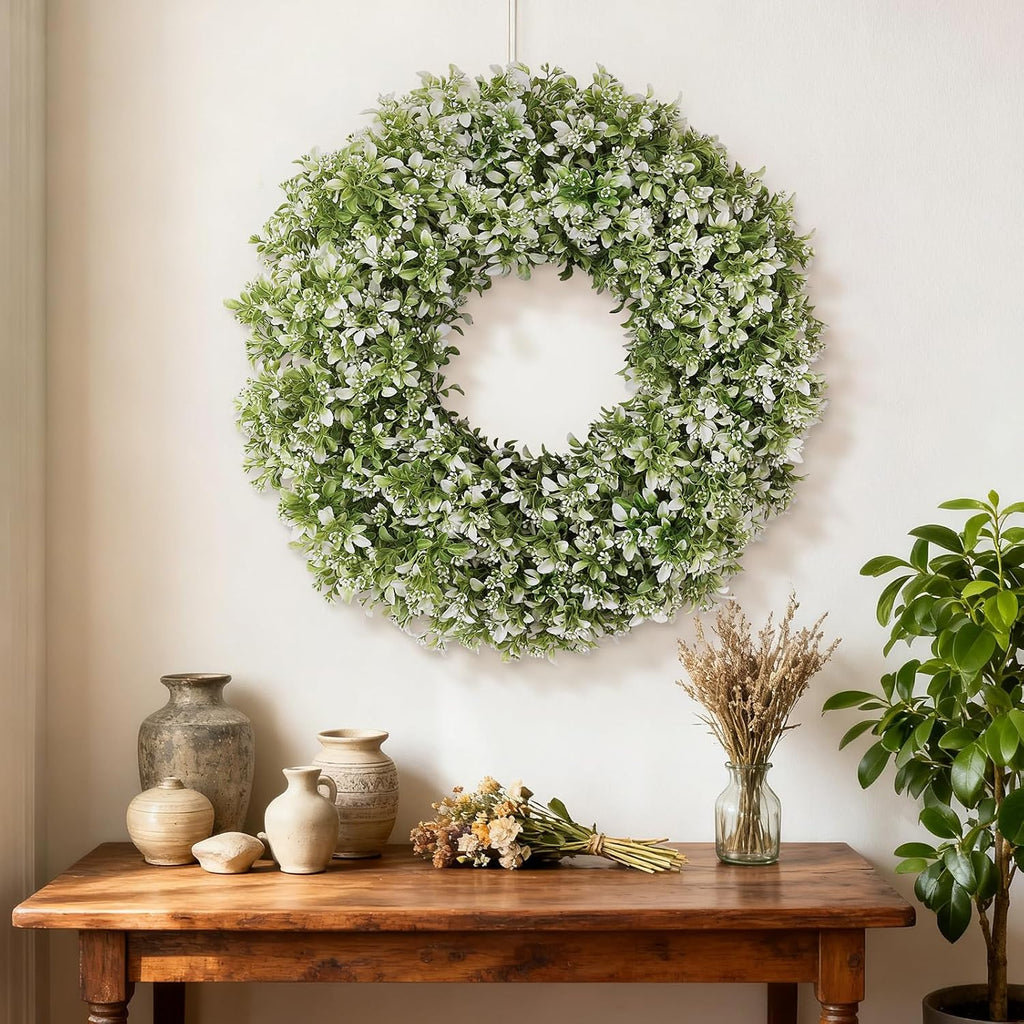 Skiennix 26" Artificial Boxwood Wreath - Large Faux Aglaia Odorata for Year-Round Outdoor Decor | White-Green