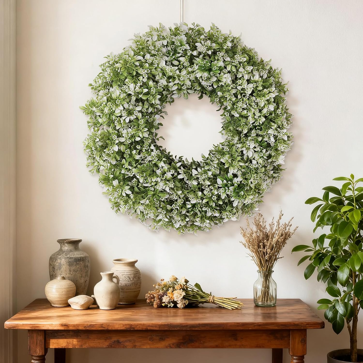Skiennix 26" Artificial Boxwood Wreath - Large Faux Aglaia Odorata for Year-Round Outdoor Decor | White-Green
