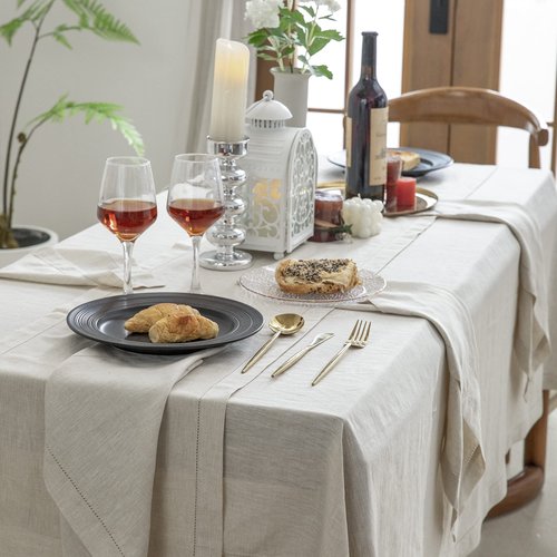 EVERLY Pure Linen Hemstitch Tablecloth,100% Stonewashed French Linen tablecloths for Kitchen Dining Rectangle Tables,60x144Inch Machine Washable Christmas Thanksgiving Organic Tablecloth-Natural Linen