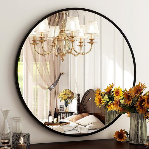 HARRITPURE 28" Round Mirror - Black Bathroom Mirror Circle Wall Mirror with Brushed Aluminum Alloy Frame Modern Decor for Living Room, Vanity, Bedroom, Entryway