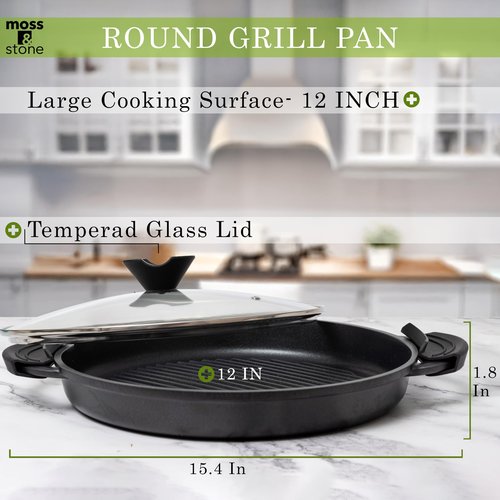 Moss & Stone 12” Nonstick Grill Pan for Indoor Cooking, Cast Aluminum Griddle Pan for Stove Top & Induction, Dishwasher & Oven Safe, Grill Pan with Lid, Silicone Handles, PFOA Free