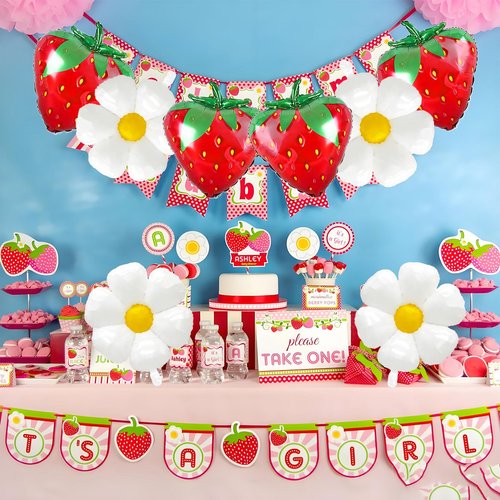 8 PCS Strawberry Balloons Daisy Balloons, Red Berry Foil Balloons for Strawberry Themed Birthday Party Decorations Berry First Birthday Decorations