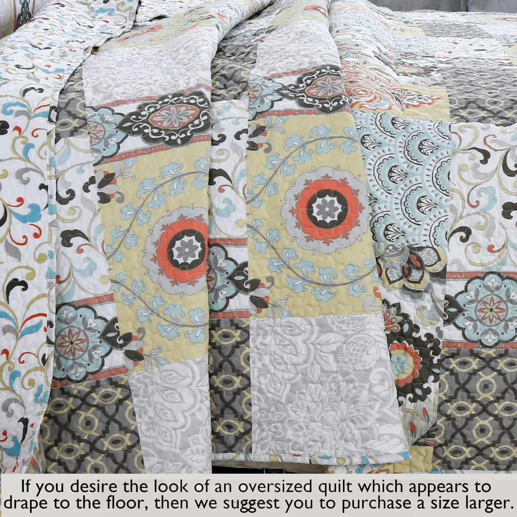 Cozy Line Home Fashions Moorea Floral Gray Yellow Coral Aqua Blue Patchwork Microfiber Reversible Bedding Quilt Set, Coverlet, Bedspread (Fleur-de-lis, King - 3 Piece)