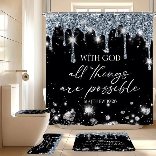 4 Pcs Black Silver Diamonds Shower Curtain Set with Rugs and Toilet Lid Cover, Black White Bible Verse Waterproof Fabric Bathroom Set, Christian Scripture Shower Curtain Bathroom Decor Set Accessories
