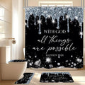 4 Pcs Black Silver Diamonds Shower Curtain Set with Rugs and Toilet Lid Cover, Black White Bible Verse Waterproof Fabric Bathroom Set, Christian Scripture Shower Curtain Bathroom Decor Set Accessories