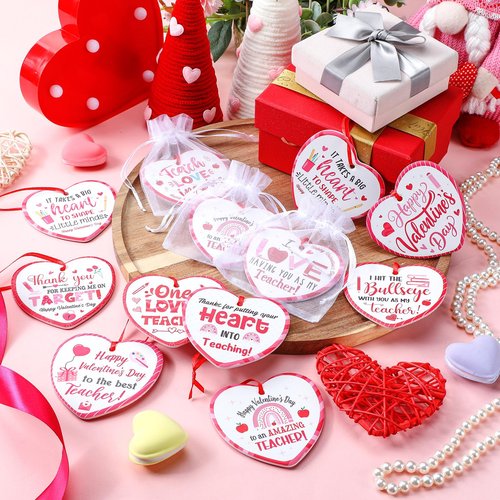 Vercraft 36 Pcs Valentines Day Teacher Appreciation Gift Bulk 12 Ceramic Pink Heart Ornament 12 Red Rope 12 Organza Bag Valentines Daycare Teacher Thank You Gift for Women Kindergarten Preschool Favor