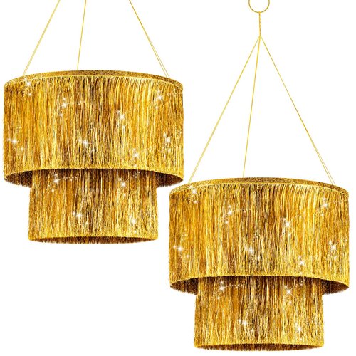 Rossesay 2 Pcs 2 Tier Fringe Tinsel Chandelier Iridescent Foil Party Disco Ball Decor Chandelier Decoration Metallic Foil Shimmering Bachelorette Party Decor Photo Booth Supplies(Gold)