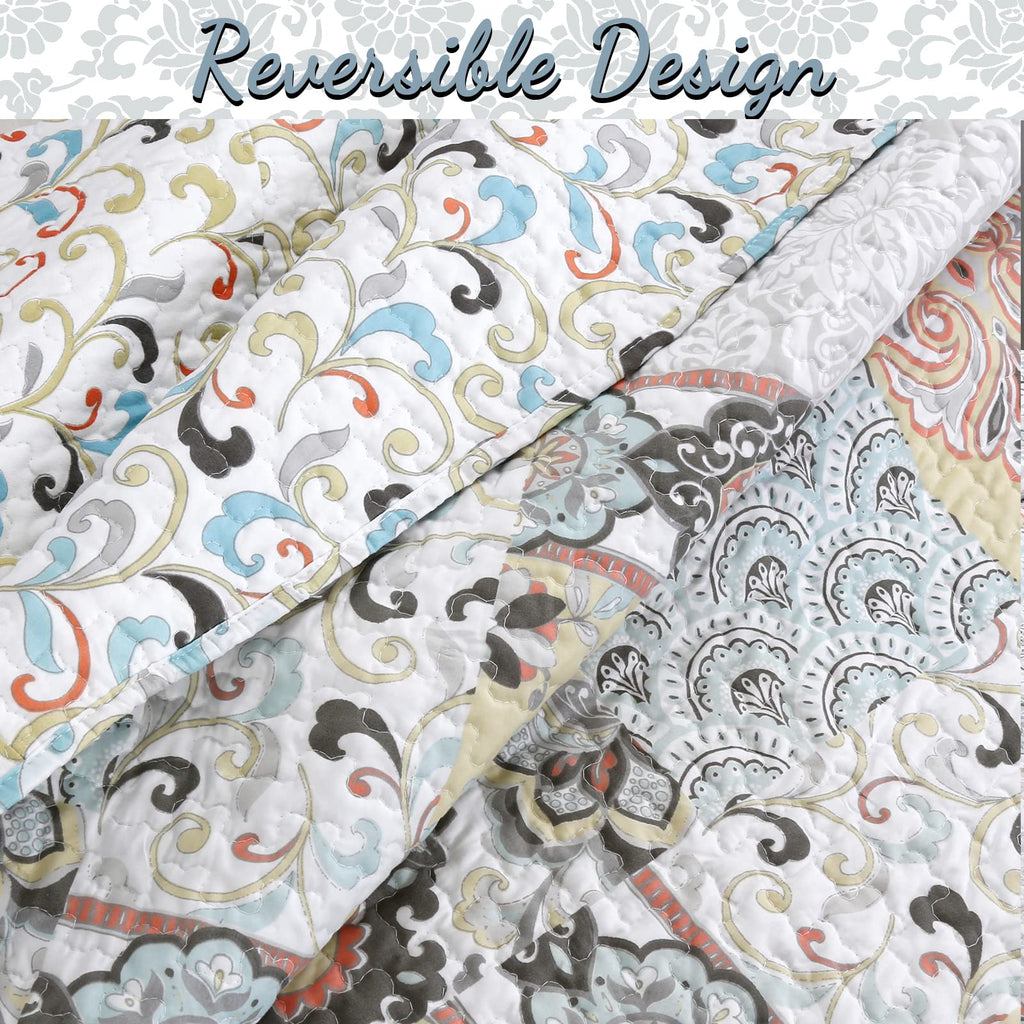 Cozy Line Home Fashions Moorea Floral Gray Yellow Coral Aqua Blue Patchwork Microfiber Reversible Bedding Quilt Set, Coverlet, Bedspread (Fleur-de-lis, King - 3 Piece)