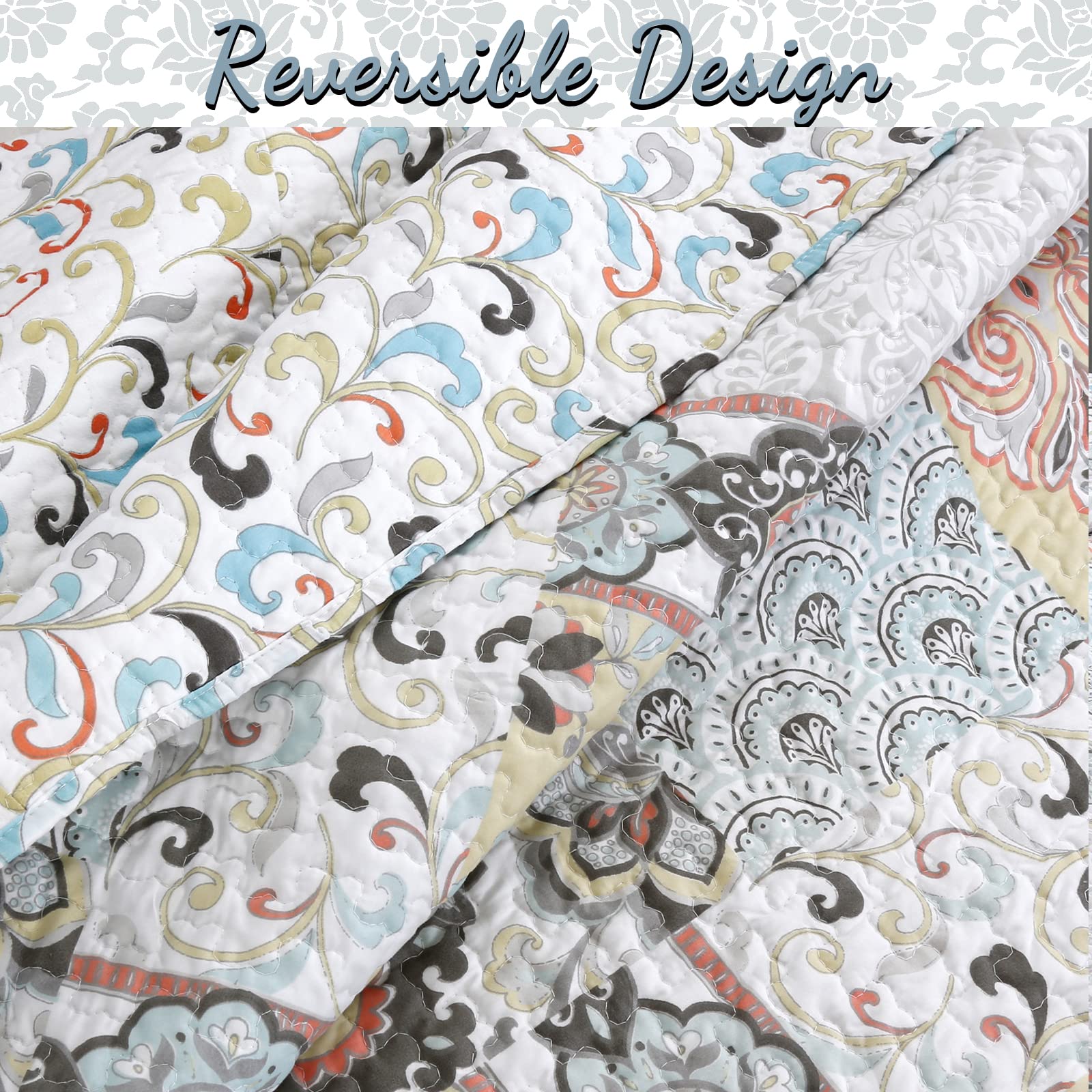 Cozy Line Home Fashions Moorea Floral Gray Yellow Coral Aqua Blue Patchwork Microfiber Reversible Bedding Quilt Set, Coverlet, Bedspread (Fleur-de-lis, King - 3 Piece)