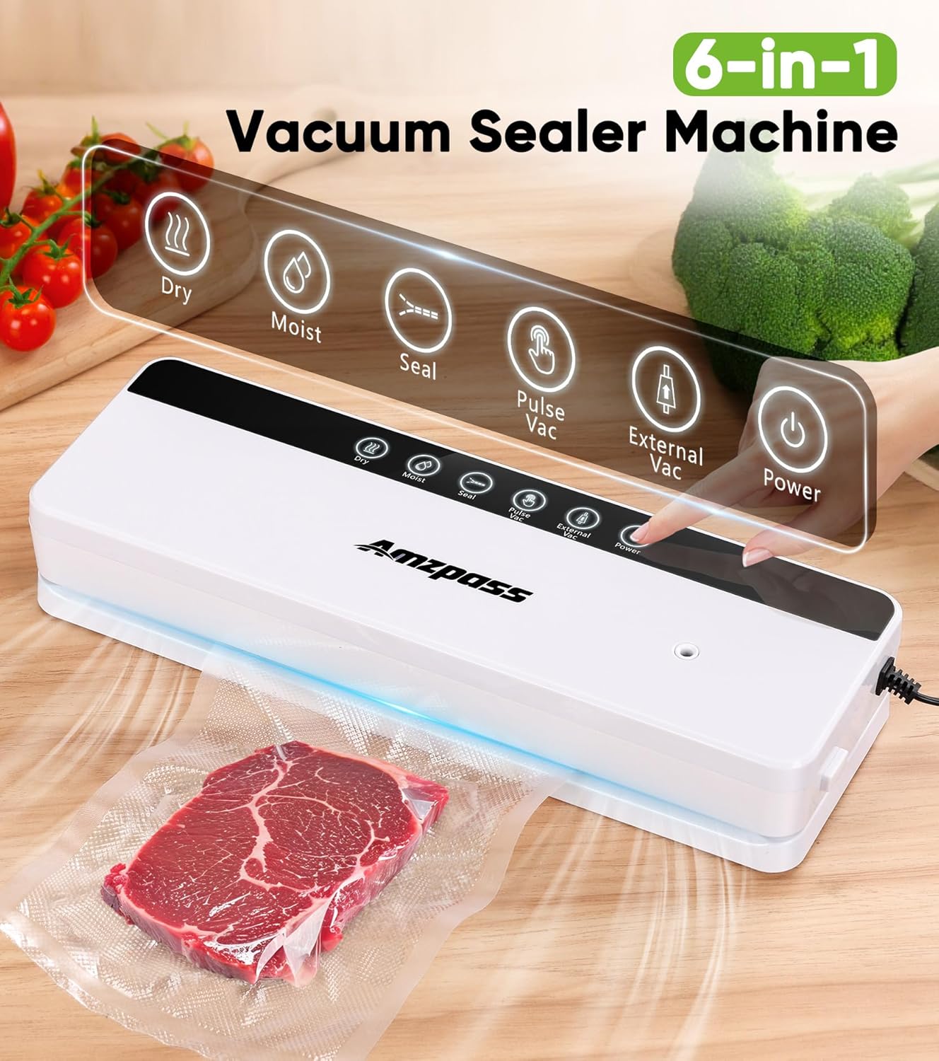 Skiennix Vacuum Sealer - 6-in-1 Food Preservation Machine with 80kPa Suction Power | Compact Design & 10 Bags Included