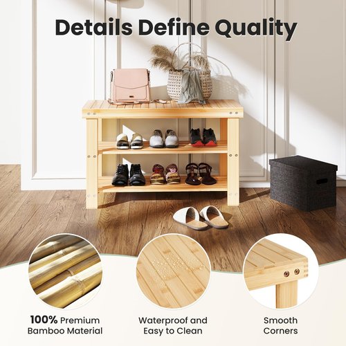 DUMOS Shoe Rack Bench, 3-Tier Bamboo Entryway Benches, Holds Up to 286 lb Storage Organizer, 11.22 x 27.6 x 18 Inches, Suitable for Bedroom Living Room Balcony, Classical Wood
