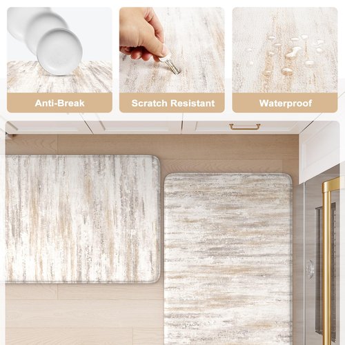 KIMODE Kitchen Mats Cushioned Anti Fatigue, Abstract Kitchen Rugs Sets of 2, 20"x47"+20"x32" Non Slip Kitchen Mats for Floor, Padded Kitchen Floor Mat for Sink Laundry Office Light Brown Multi