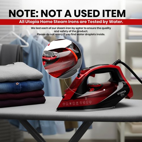 Utopia Home Steam Iron for Clothes - Non-Stick Soleplate - 1800W Clothes Iron With Auto-Off Safety Feature - Adjustable Thermostat Control, Variable Steam Control, Self-Clean, 8 Feet Cord (Black/Red)