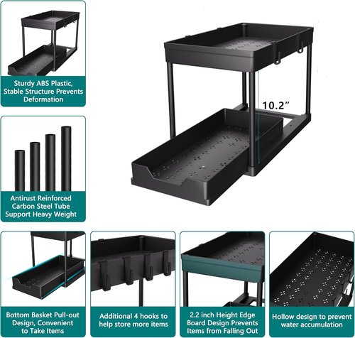 DEKAVA Under Sink Organizer - 2 Pack Bathroom Cabinet Storage Baskets | 2 Tier Sliding Design (Black)