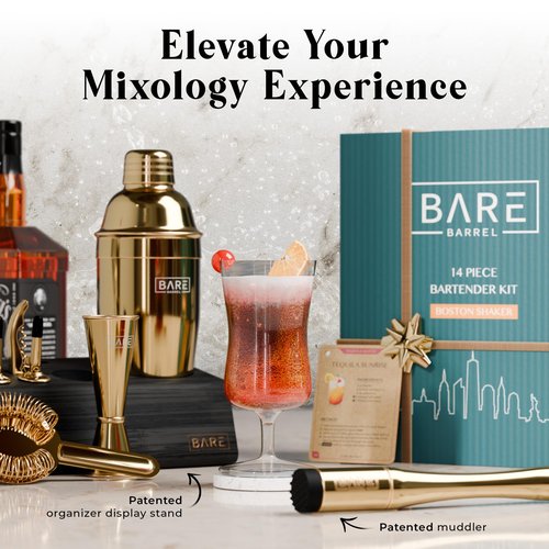 BARE BARREL® Mixology Bartender Kit Bar Set | 14-Piece Cocktail Shaker Set | Martini Barware Mixing Tools for Home Bartending | Incl. 35 Recipe Cards | Gift Set (24oz Cobbler Shaker, Gold/Black)