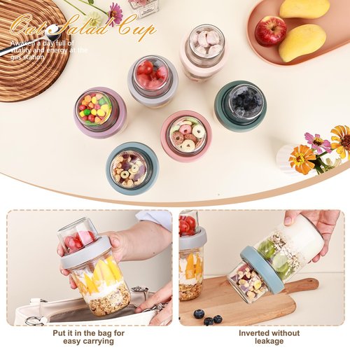 Wells 6 Pack Overnight Oats Containers with Lids, 16 OZ Dual Layer Yogurt Containers with Dry and Wet Separation, Airtight Leak Proof Oatmeal Jar for Chia Pudding, Breakfast, Cereal