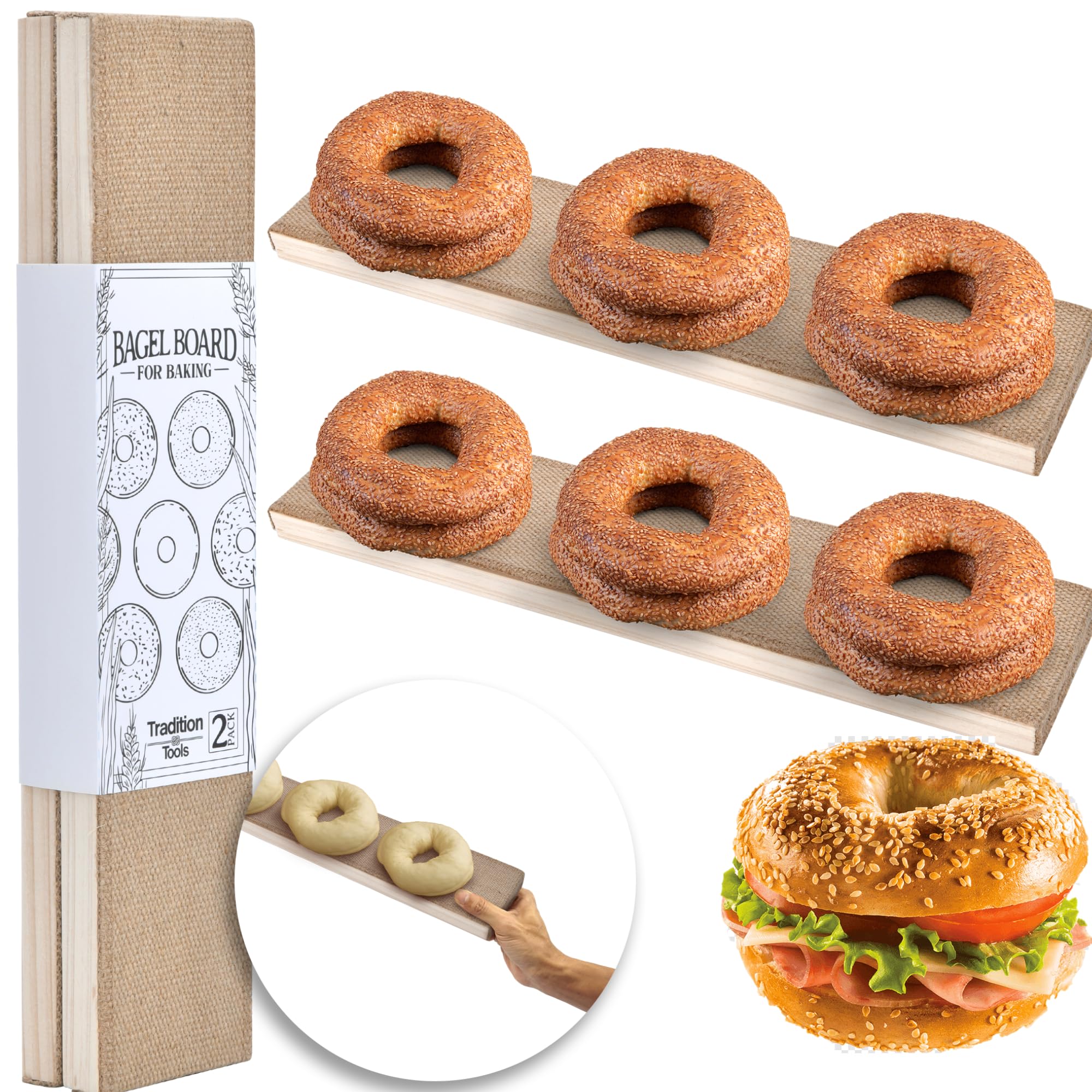 Bagel Baking Boards 2-Pack | 15.7 x 3.5 x 0.8" Burlap Covered Cedar Boards | Bagel Boards for Baking Bagels | Food Grade Burlap & Cedar| Perfect for New York Style Bagel Making
