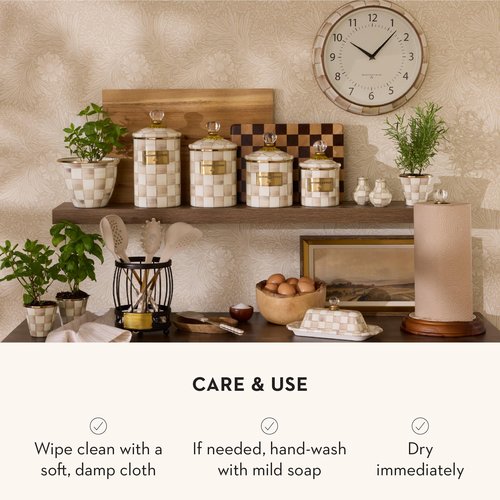 MACKENZIE-CHILDS Small Enamel Canister, Kitchen Storage Container with Lid, Brown-and-White Mocha Check