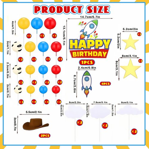 57Pcs Cartoon Story Birthday Cake Toppers Infinity and Beyond Blue Sky White Cloud Cow Print Cake Topper Toy Theme Party Decoration