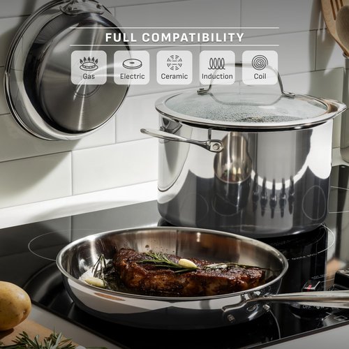 T-Fal Pro Tri-Ply Stainless Steel Cookware Set, 3-Piece Induction Cookware, Oven Safe 500F, Fast & Even Heat, Professional Quality, Durable Pots and Pans Set, Fry Pan, Silver