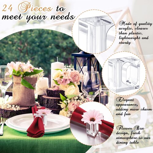 Meanplan 24 Pcs Flower Napkin Rings Clear Acrylic Napkin Holder Rings Bulk Square Flower Bud Vase Combo for Wedding, Birthday Banquet Table Decor, 1.77 x 1.97 Inch
