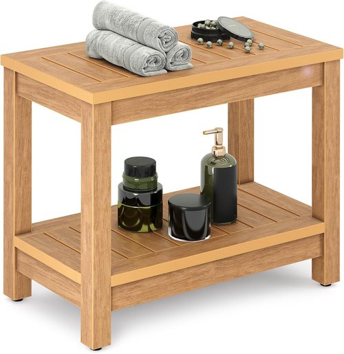 DWVO Shower Stool - 23.5in Water-Resistant Non-Slip Bench | Heavy-Duty HIPS Poly Lumber (Teak)