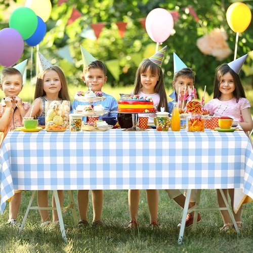 Blue Gingham Tablecloth by [Brand Name] - Disposable Plastic Checkered Table Cover | Perfect for Picnics, Weddings & Parties (54 x 108 Inch)