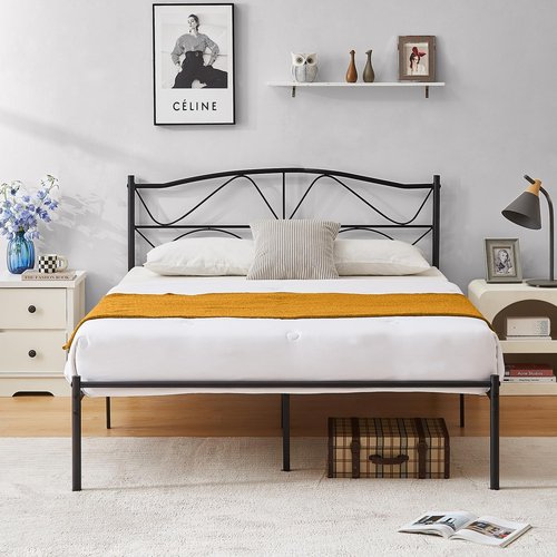VECELO Queen Size Bed Frame, Metal Bed Platform with Headboard, Sturdy Steel Slats Support, No Box Spring Needed/Noise-Free,Easy Assembly, Dark Black