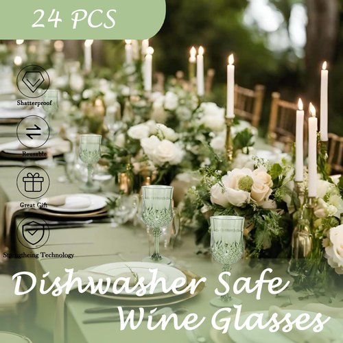 LEYIQU Plastic Wine Glasses, Plastic Goblets Vintage Style Cordial Drinking Glasses for Wedding Reception, Grand Event Party Supplies, Valentine's Day (24, New Green)