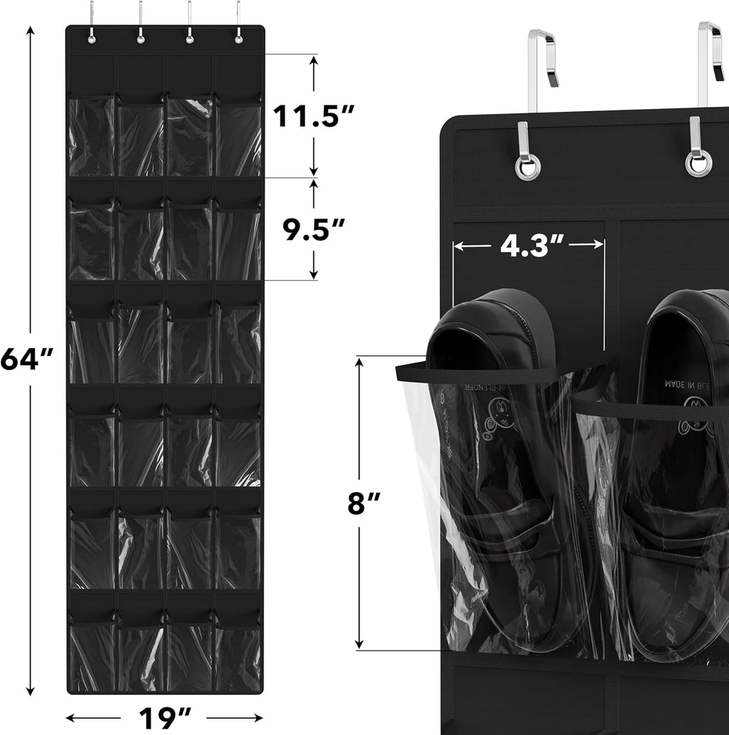 Simple Houseware 24-Pocket Over The Door Shoe Organizer - Crystal Clear, Black (64'' x 19'')
