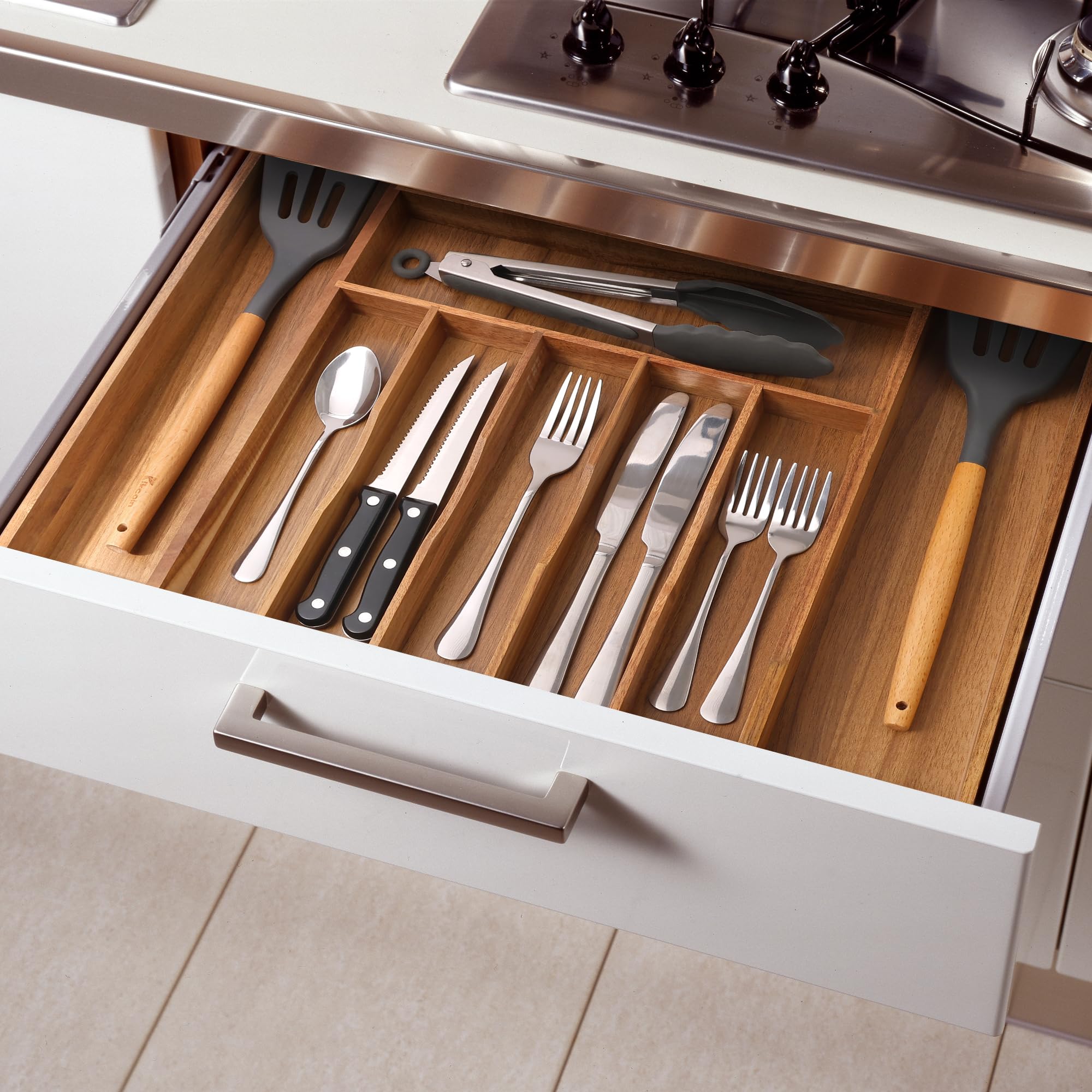 oridom Large Premium Acacia Silverware Organizer - Expandable Drawer Organizer & Utensil Organizer - 17"x19.7" Cutlery Tray with Dividers for Kitchen Utensils and Flatware (7-9 Slots) Acacia