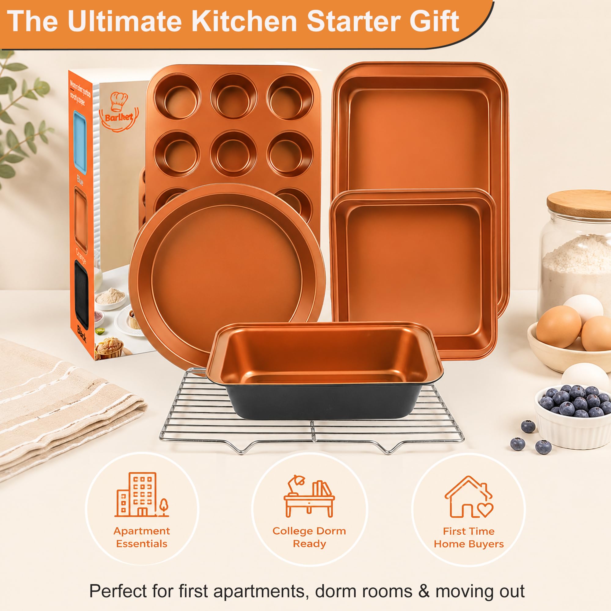 Barlket Bakeware Sets 6 Pcs, Non Stick Baking Pans Set, Black Speckled Kitchen Baking Set, Stackable Storage, Easy Clean & Even Heating, with Cooling Rack, Cake, Muffin, and Loaf Pan