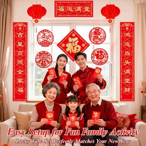 Chinese New Year Decorations 2026 Couplets Set with Free Lucky Tube Lunar New Year of The Horse Decor Kit for Home, Door, Office 16 Pcs