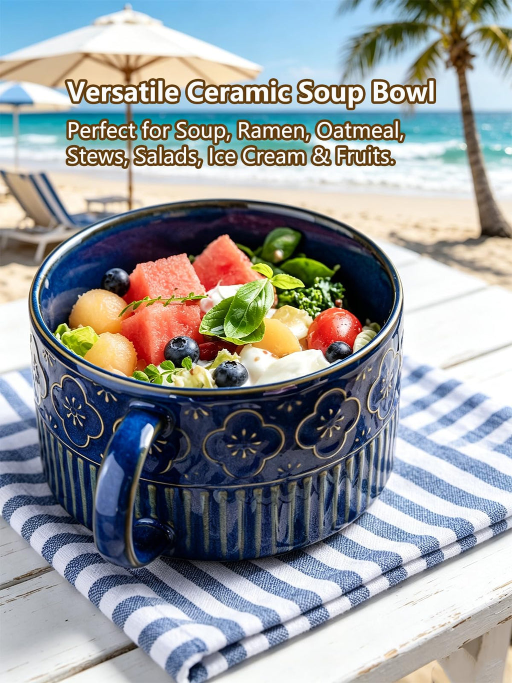 Gomakren Extra Large Soup Bowl with Handle, 39 Ounces Microwave Ramen Bowl, Ceramic Bowl with Lid for Father's Day, 6 Inch Soup Mug Cup for Cereal, Ramen, Instant Noodle, Cobalt Blue