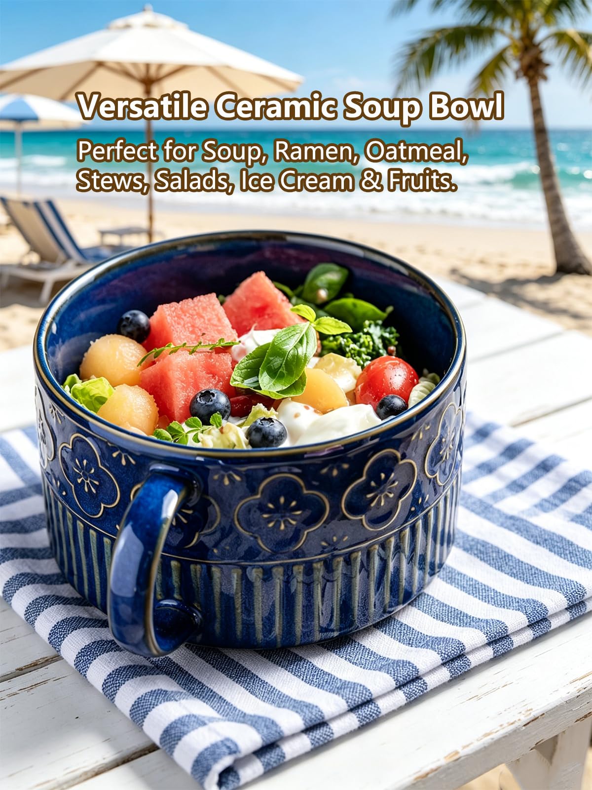Gomakren Extra Large Soup Bowl with Handle, 39 Ounces Microwave Ramen Bowl, Ceramic Bowl with Lid for Father's Day, 6 Inch Soup Mug Cup for Cereal, Ramen, Instant Noodle, Cobalt Blue