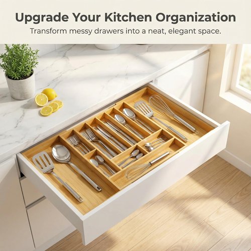OPRTEU Expandable Kitchen Organizer – Adjustable 33” Wide Utensil Kitchen Drawer with 11 Compartments, Natural Solid Bamboo Construction for Flatware