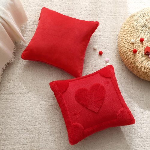 aolime Valentine's Day Pillow Covers Decoration, 18 x 18 Inch Set of 2 Red Arrow Love Heart Soft Plush Faux Fur Throw Pillow Cases for Chair Sofa Bedroom Living Room Home Decor
